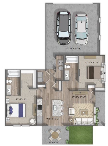 Floor plan for 2 beds, 2 baths, 957 sqft